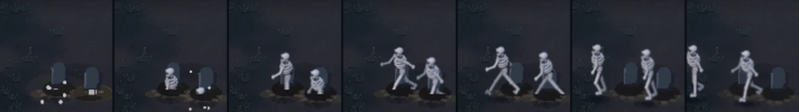 After: frame by frame, two skeletons climb up out of their graves and walk away.