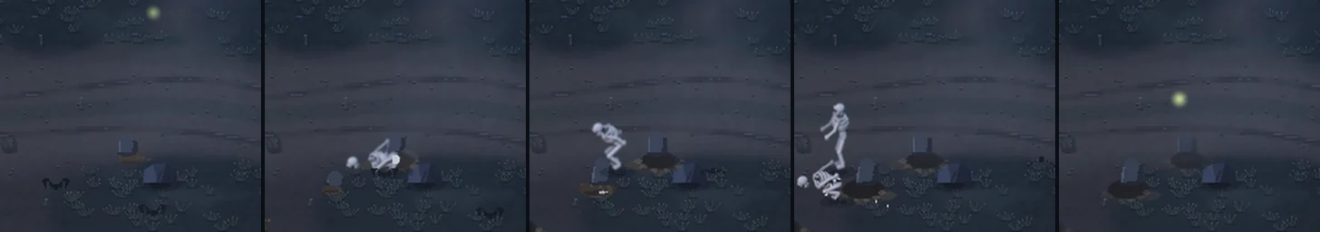Before: frame by frame, a skeleton assembles from a pile of bones beside its grave and slides away.