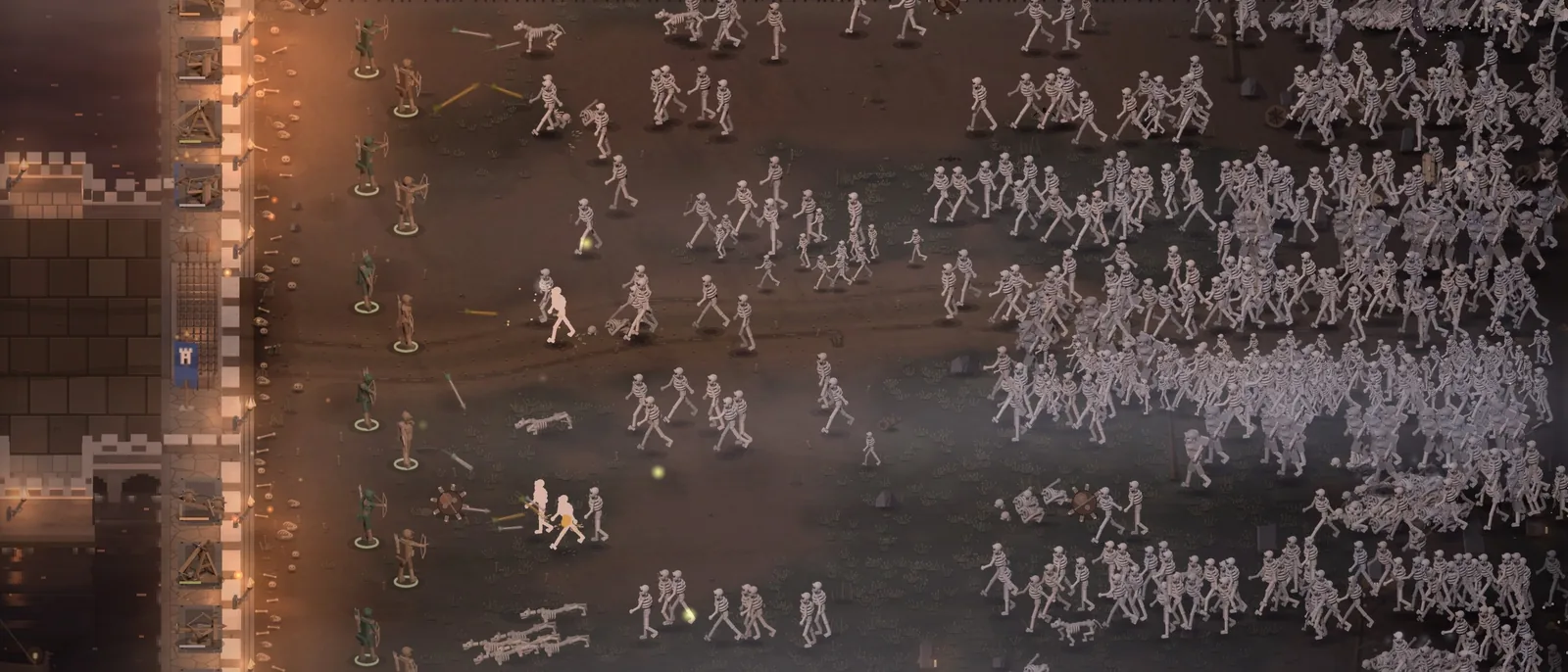 Archers on the wall at left; the skeleton horde fills the field and marches on them.