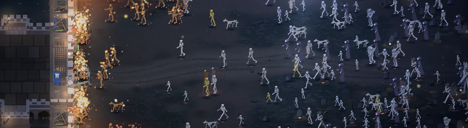 Age IV at night: skeletons fill the field and march on the wall, and the ones at the gate burn.