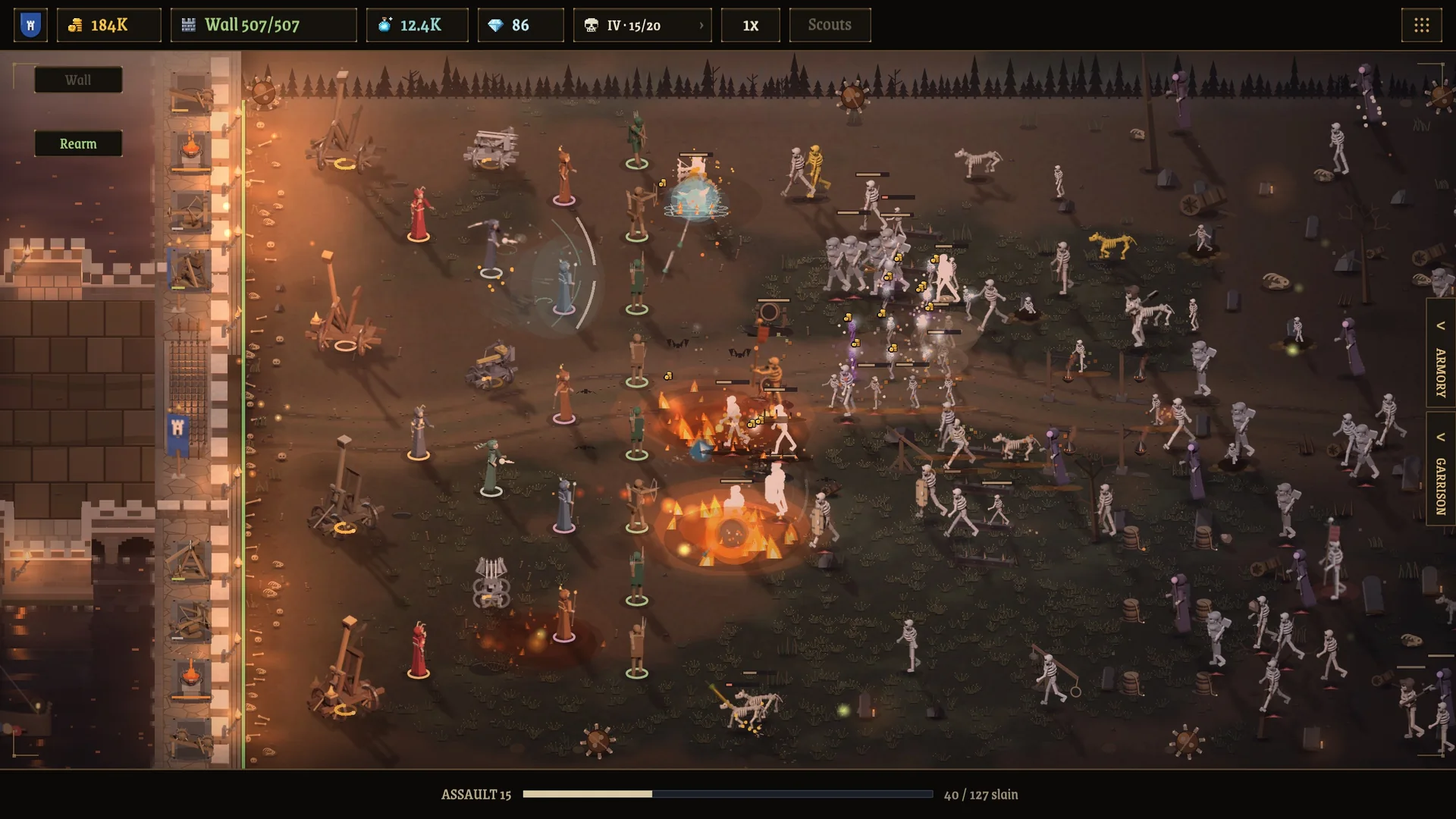 Marrow March at dusk: archers, wizards, shamans and catapults hold the field before the wall while a skeleton horde breaks on fire and frost.