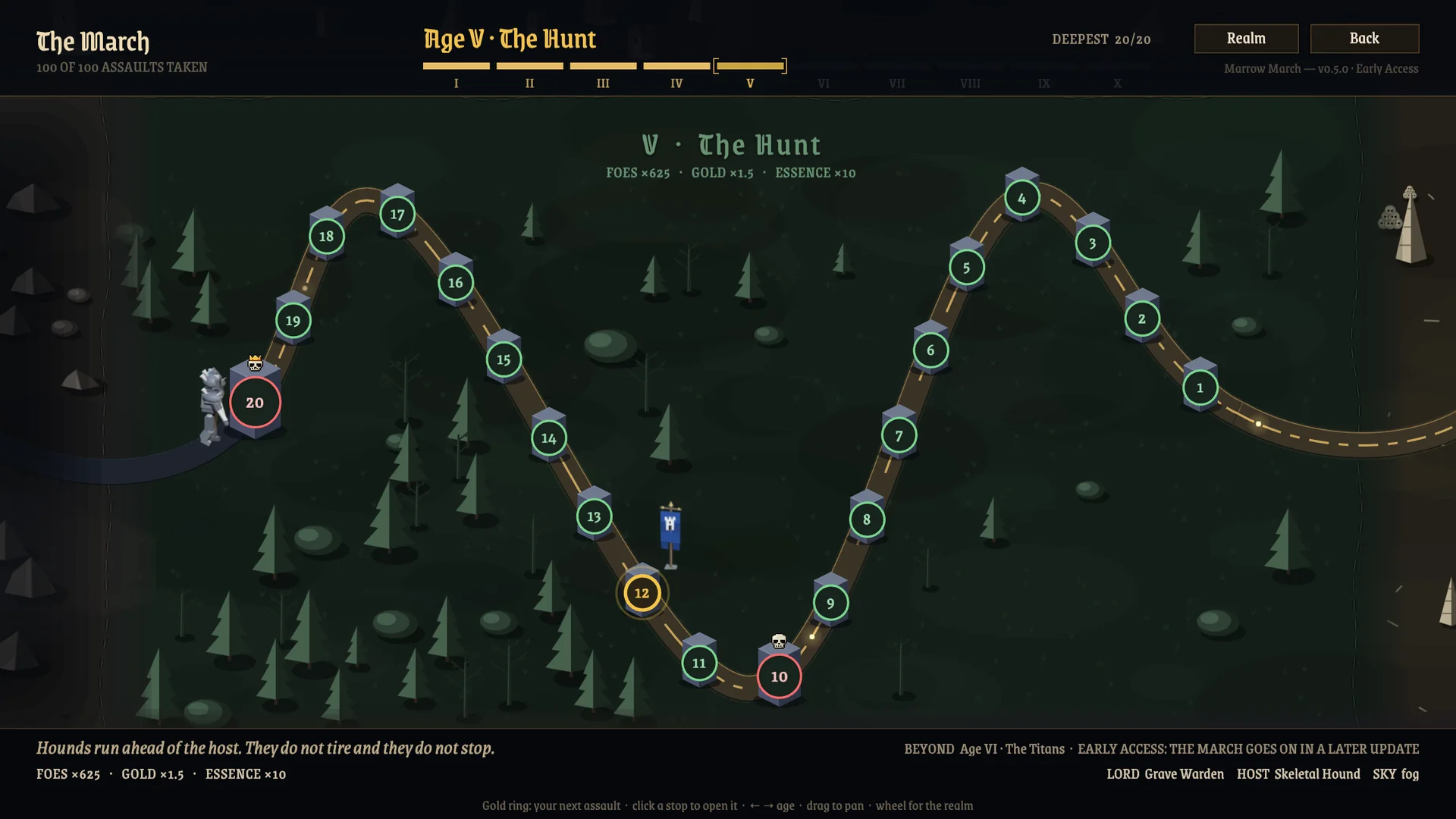 The March, the campaign map of Marrow March: Age V, The Hunt, twenty assaults along a winding road, and Ages VI to X beyond.