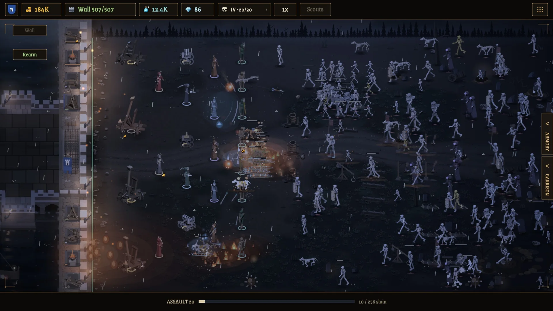 A storm at night in Marrow March: a great host of skeletons, hounds and shield bearers marches on the wall under its guns.
