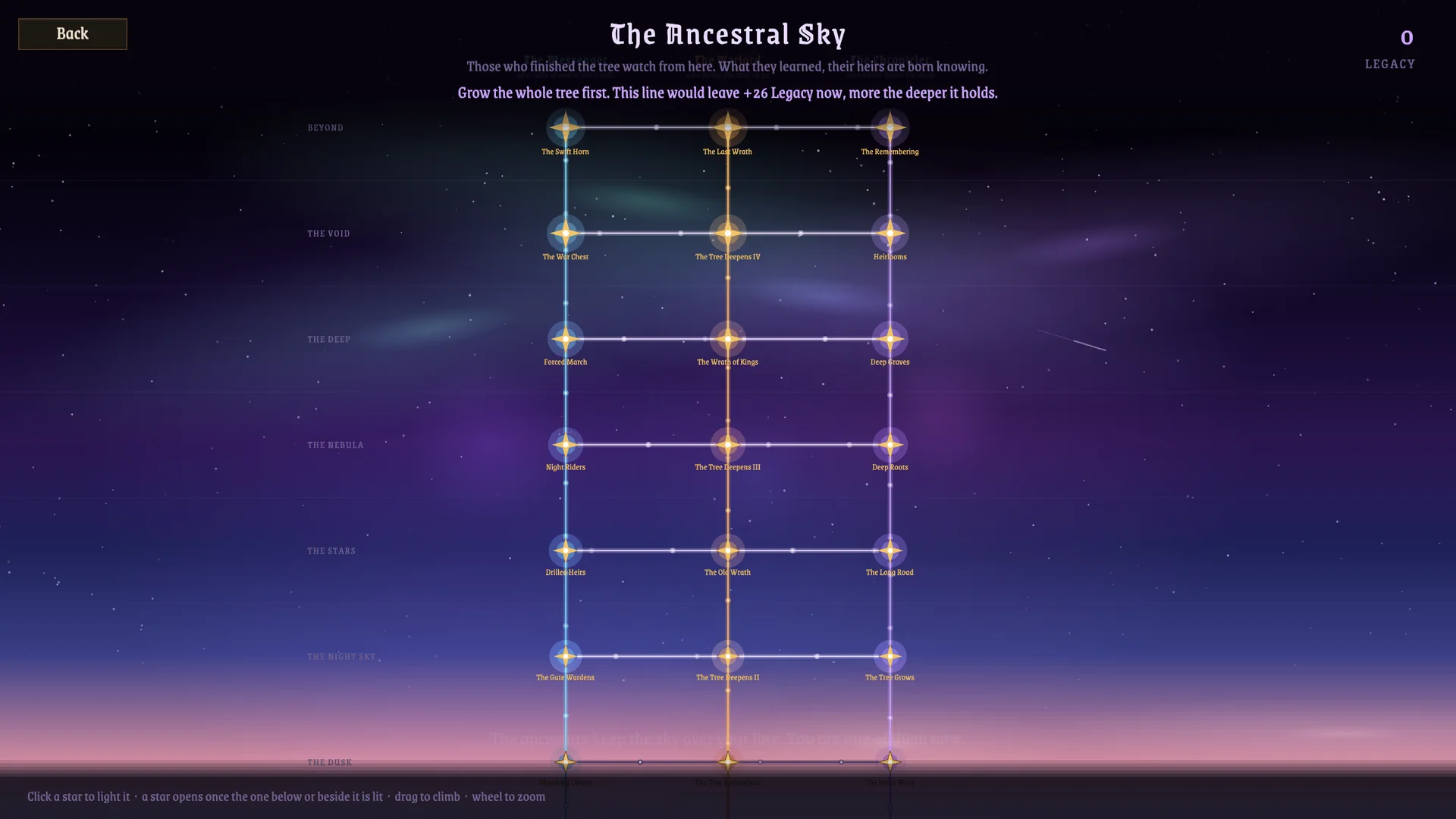The Ancestral Sky in Marrow March: three lanes of lit stars climbing from the night sky into the void.